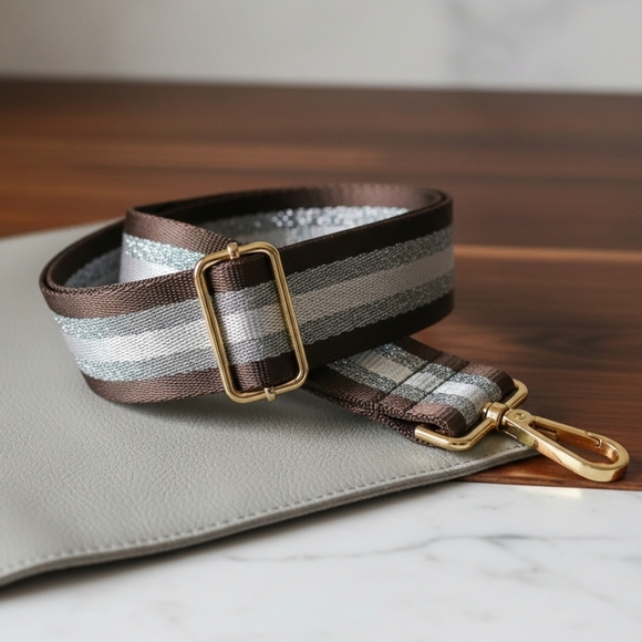 Trendy Adjustable Brown Silver Stripe Bag Replacement Strap Golden Hardware - Picture 6 of 9